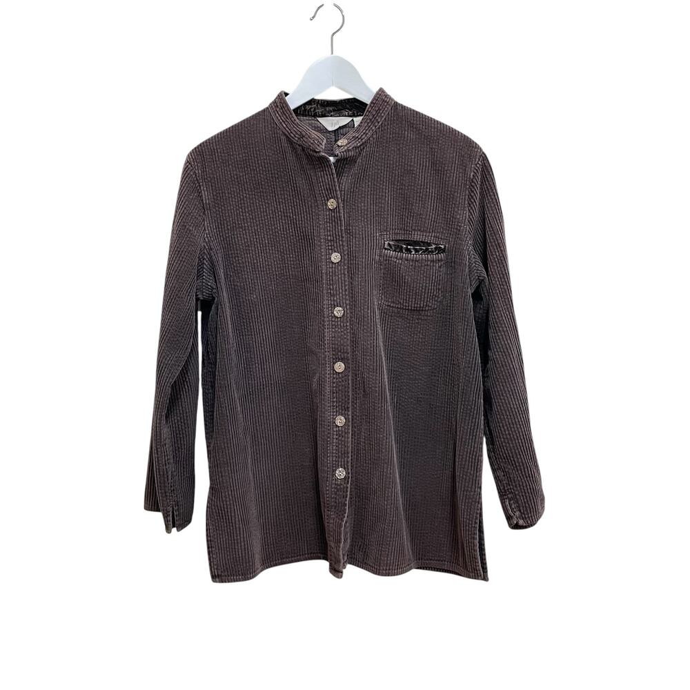 J. Jill Women's Sz M Brown 100% Cotton Corduroy Button Up Velvet Trim Fall Shirt